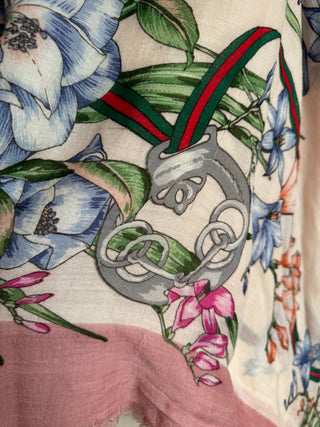 Gorgeous Pink 'Gucci' Scarf. Pink with floral design and horsebit detailing throughout
