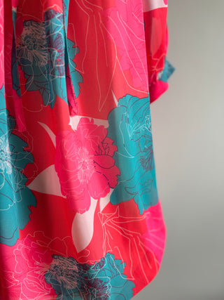 Bright Fluro Poppy Print Charlo Top - with Tie Neck - Size L