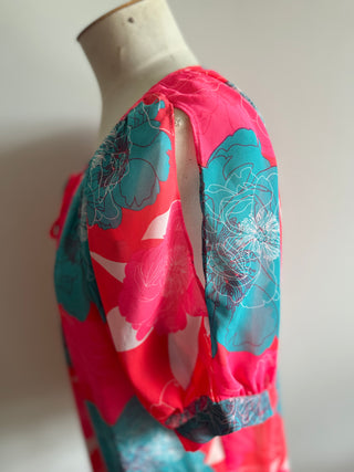 Bright Fluro Poppy Print Charlo Top - with Tie Neck - Size L