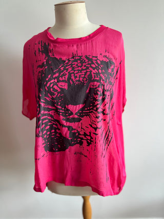 Bright Pink Storm OverSize T Shirt with Leopard Face Print - Size M