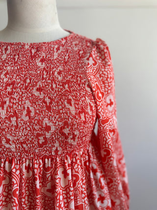 Karen Walker Patterned Dress with Shirred Bust and Puff Sleeves