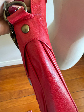Vintage Saben Red Cross Body Bag w Brass Studs