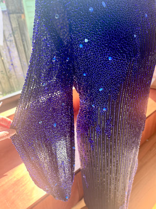 Vintage Beaded Dress, Size 8, Intricate Black and Blue Beads