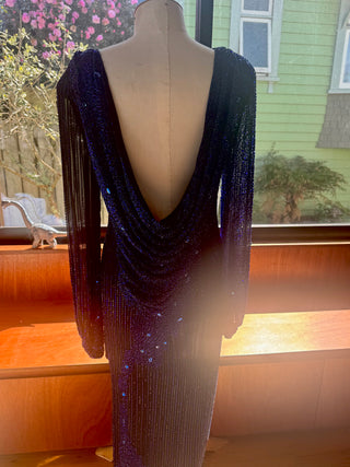 Vintage Beaded Dress, Size 8, Intricate Black and Blue Beads