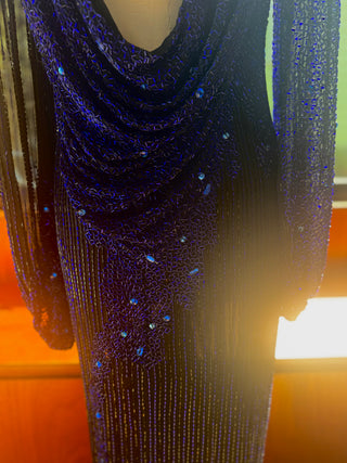 Vintage Beaded Dress, Size 8, Intricate Black and Blue Beads