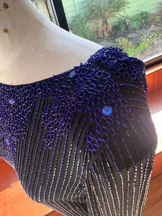 Vintage Beaded Dress, Size 8, Intricate Black and Blue Beads