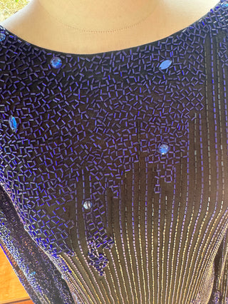 Vintage Beaded Dress, Size 8, Intricate Black and Blue Beads
