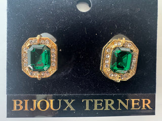 Vintage Emerald Green Stone Earrings with Crystals