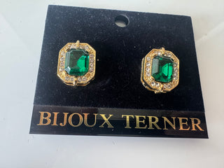 Vintage Emerald Green Stone Earrings with Crystals