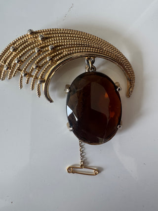 Vintage Brass Brooch with Smokey Quartz look stone