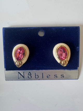 Vintage Costume Pink Gemstone & Enamel Earrings - Signed Piscitelli- Made in USA