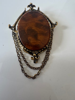 Vintage Tiger Eye and Brass Brooch